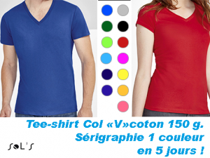 Tee shirt couleur publicitaire col V serigraphie 1 couleur