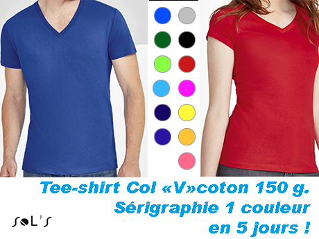 tee shirt couleur col V avec sérigraphie