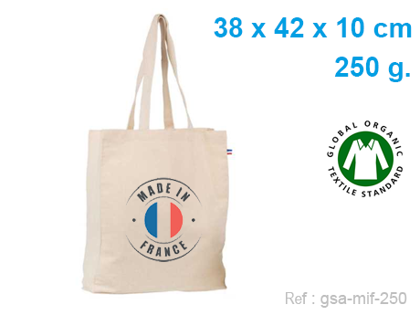 Sac cabas publicitaire coton BIO soufflet intégral 38 X 42 X 10 cm – 250 G – Made In France