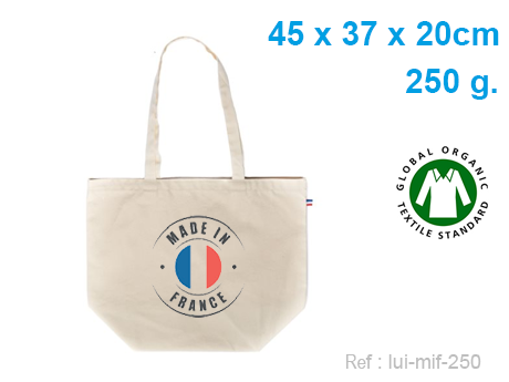 Sac cabas publicitaire coton BIO soufflet bas 45 X 37 X 20 cm – 250 G – Made In France - Marquage numérique